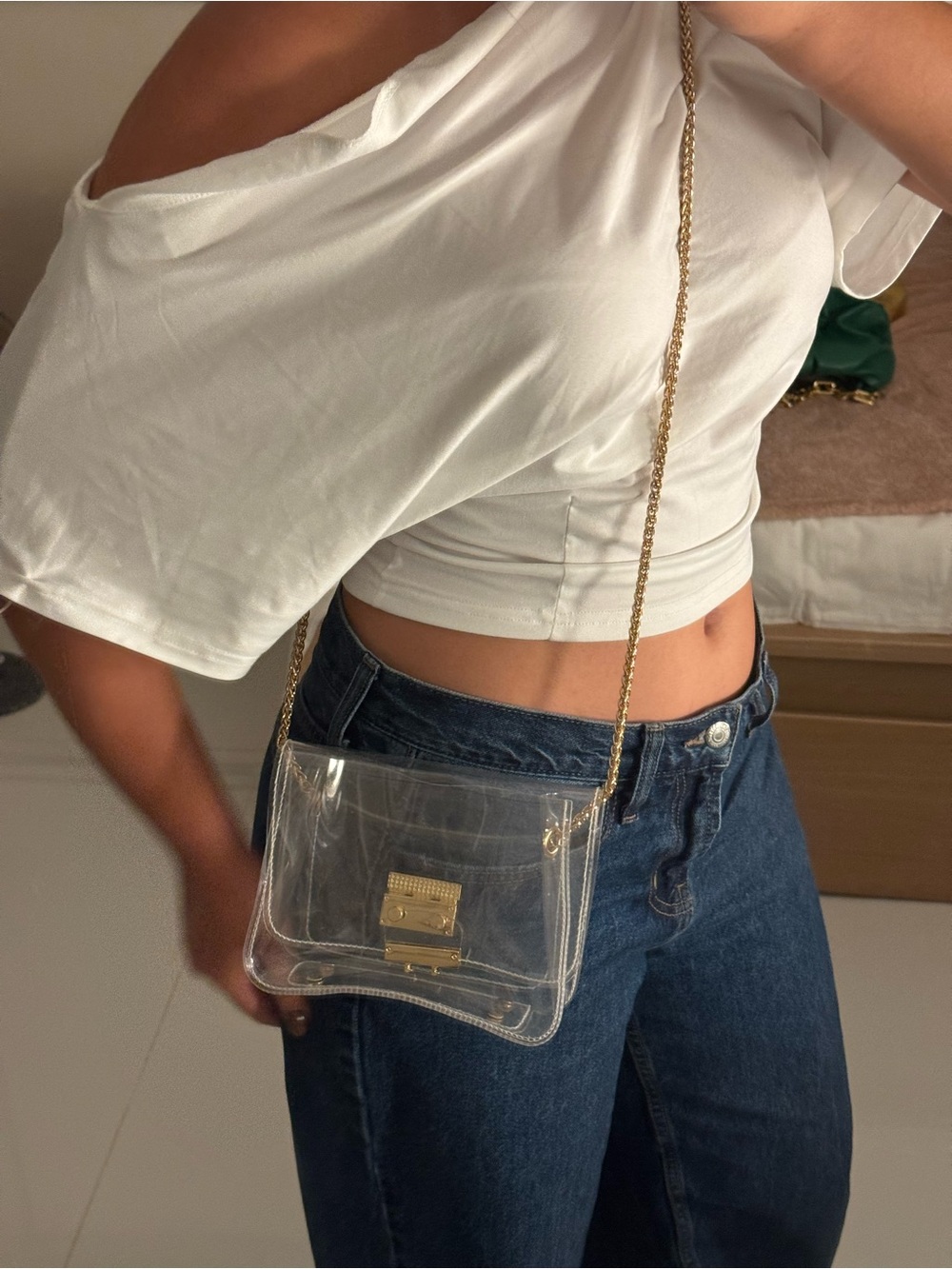 Clear Crossbody Bag with Gold Hardware - Transparent PVC Shoulder Purse
